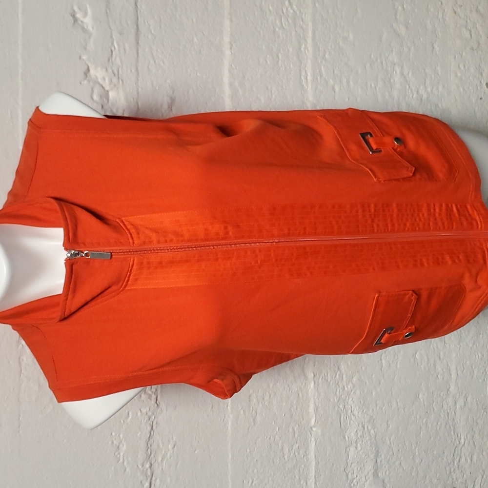 Onque Casuals Orange Zipper Front Sleeveless Blouse Sz LG
